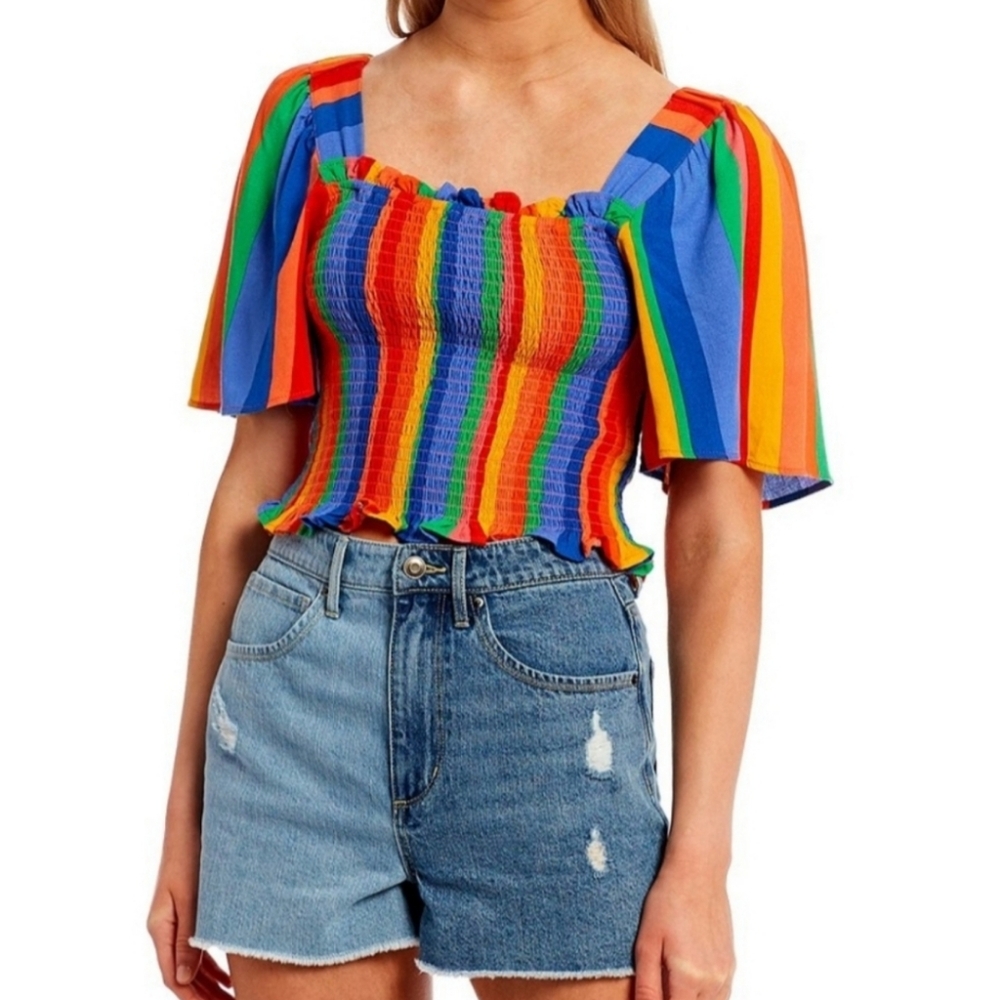 Gianni Bini Colorful Rainbow Striped Smocked Crop Top - Large
